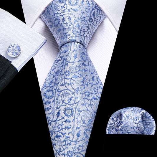 Blue White Paisley Tie, Pocket Square and Cufflinks Set tie sets    - Sophisticated Gentlemen