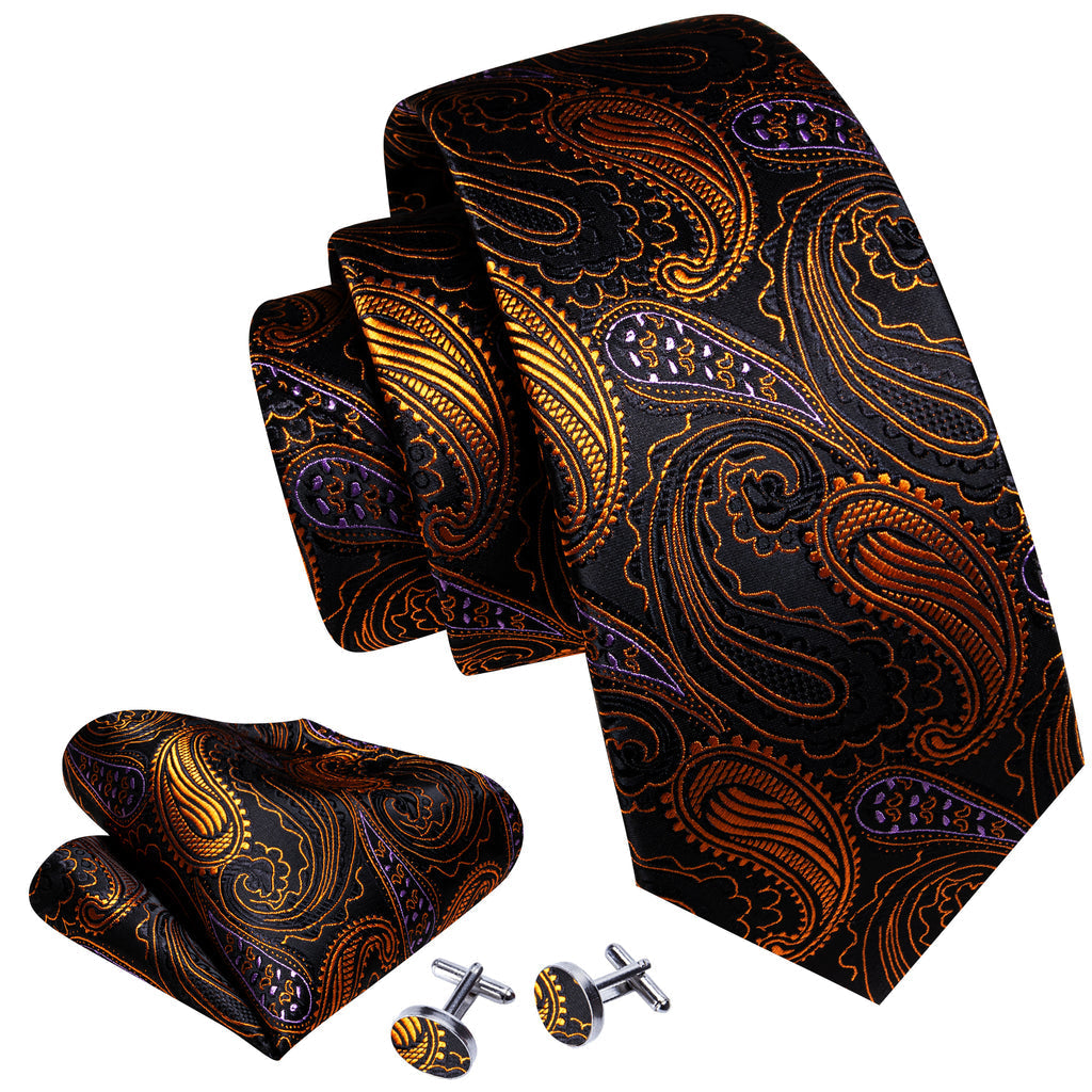 Black Gold Paisley Tie, Pocket Square and Cufflinks Set tie sets    - Sophisticated Gentlemen