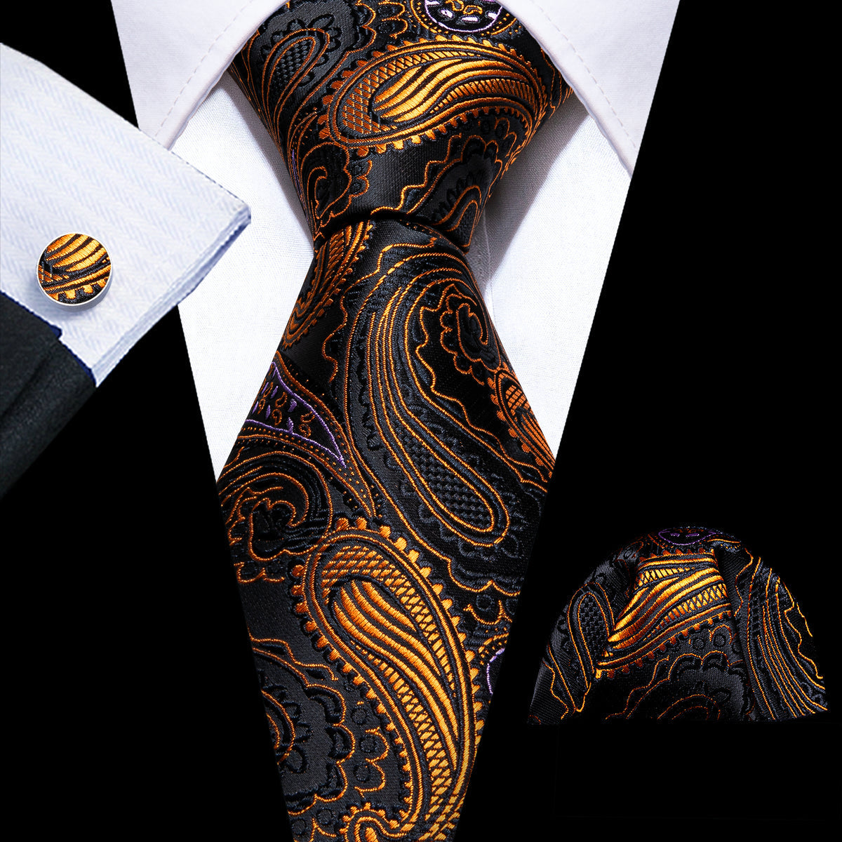 Black Gold Paisley Tie, Pocket Square and Cufflinks Set tie sets    - Sophisticated Gentlemen