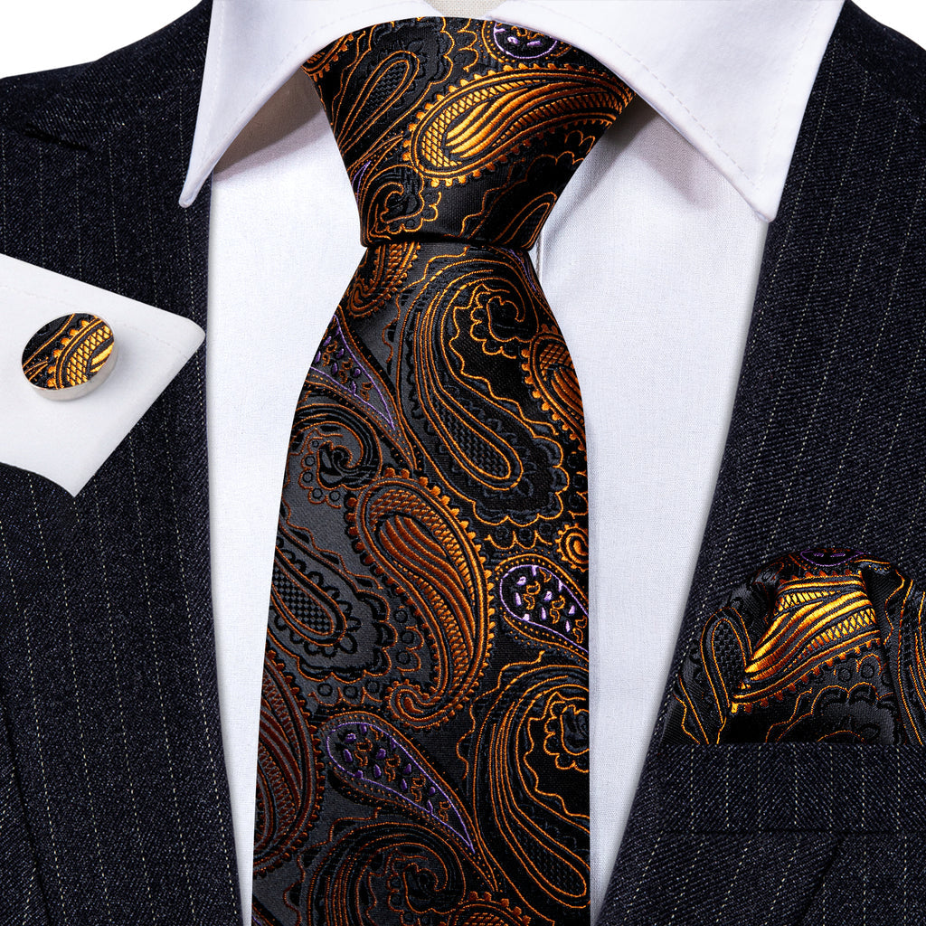 Black Gold Paisley Tie, Pocket Square and Cufflinks Set tie sets    - Sophisticated Gentlemen