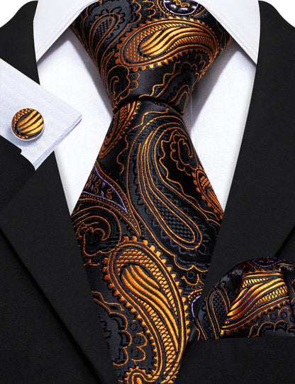 Black Gold Paisley Tie, Pocket Square and Cufflinks Set tie sets    - Sophisticated Gentlemen