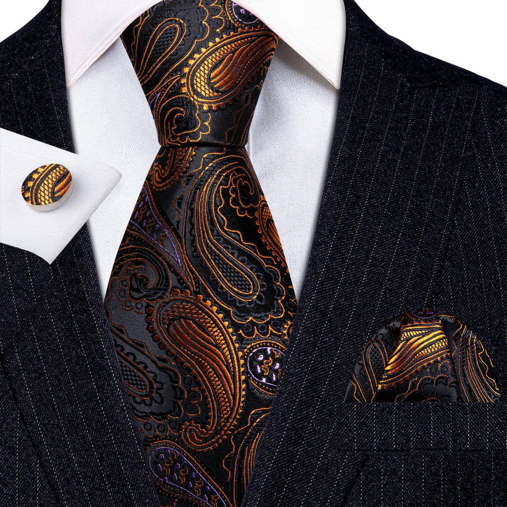 Black Gold Paisley Tie, Pocket Square and Cufflinks Set tie sets    - Sophisticated Gentlemen