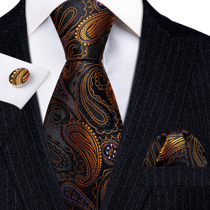 Black Gold Paisley Tie, Pocket Square and Cufflinks Set tie sets    - Sophisticated Gentlemen