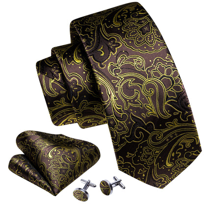 Brown Gold Paisley Tie, Pocket Square and Cufflinks Set tie sets    - Sophisticated Gentlemen
