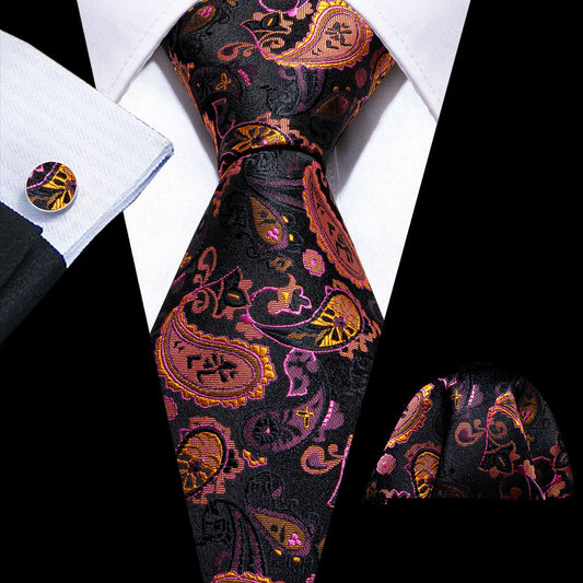 Orange Black Purple Paisley Tie, Pocket Square and Cufflinks Set tie sets    - Sophisticated Gentlemen