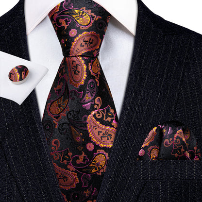 Orange Black Purple Paisley Tie, Pocket Square and Cufflinks Set tie sets    - Sophisticated Gentlemen