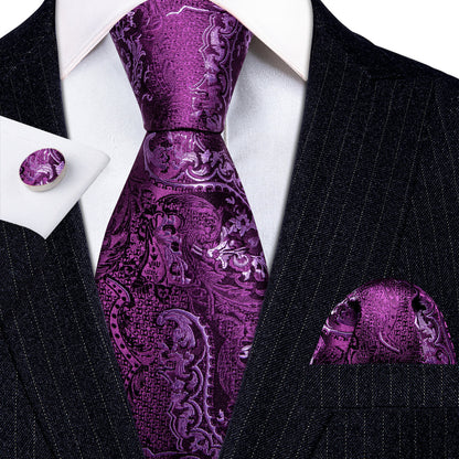 Purple Luxury Paisley Silk Tie, Pocket Square and Cufflinks Set tie sets    - Sophisticated Gentlemen