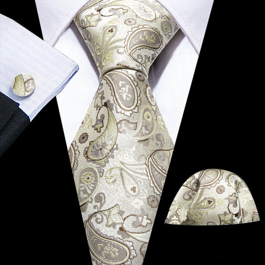 Light Yellow Paisley Silk Tie, Pocket Square and Cufflinks Set tie sets    - Sophisticated Gentlemen