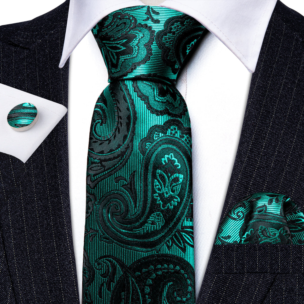 Teak Green Paisley Silk Tie, Pocket Square and Cufflinks Set tie sets    - Sophisticated Gentlemen