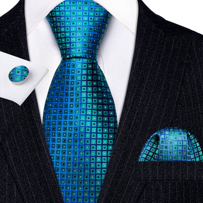 Blue Novetly Plaid Silk Tie, Pocket Square and Cufflinks Set tie sets    - Sophisticated Gentlemen