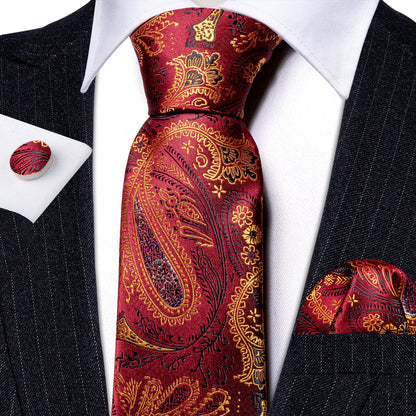 Bronze Red Paisley Silk Tie, Pocket Square and Cufflinks Set tie sets    - Sophisticated Gentlemen