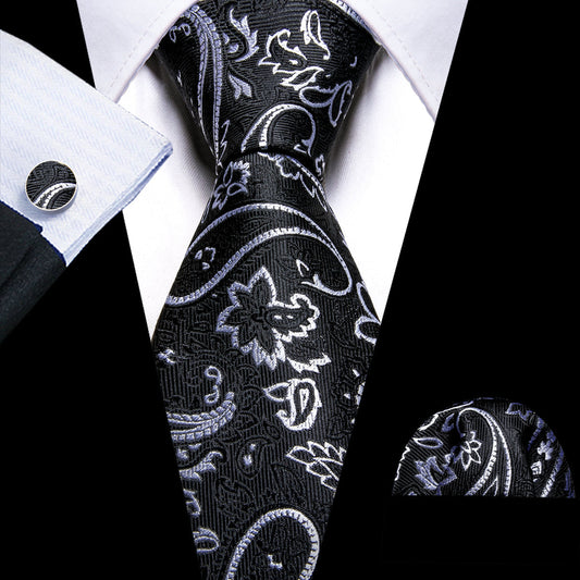 Luxury Black White Paisley Silk Tie, Pocket Square and Cufflinks Set tie sets    - Sophisticated Gentlemen