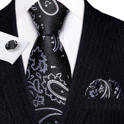 Luxury Black White Paisley Silk Tie, Pocket Square and Cufflinks Set tie sets    - Sophisticated Gentlemen