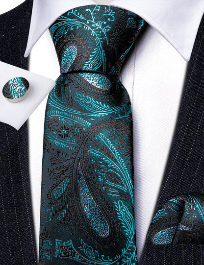 Black Blue Paisley Silk Tie, Pocket Square and Cufflinks Set tie sets    - Sophisticated Gentlemen