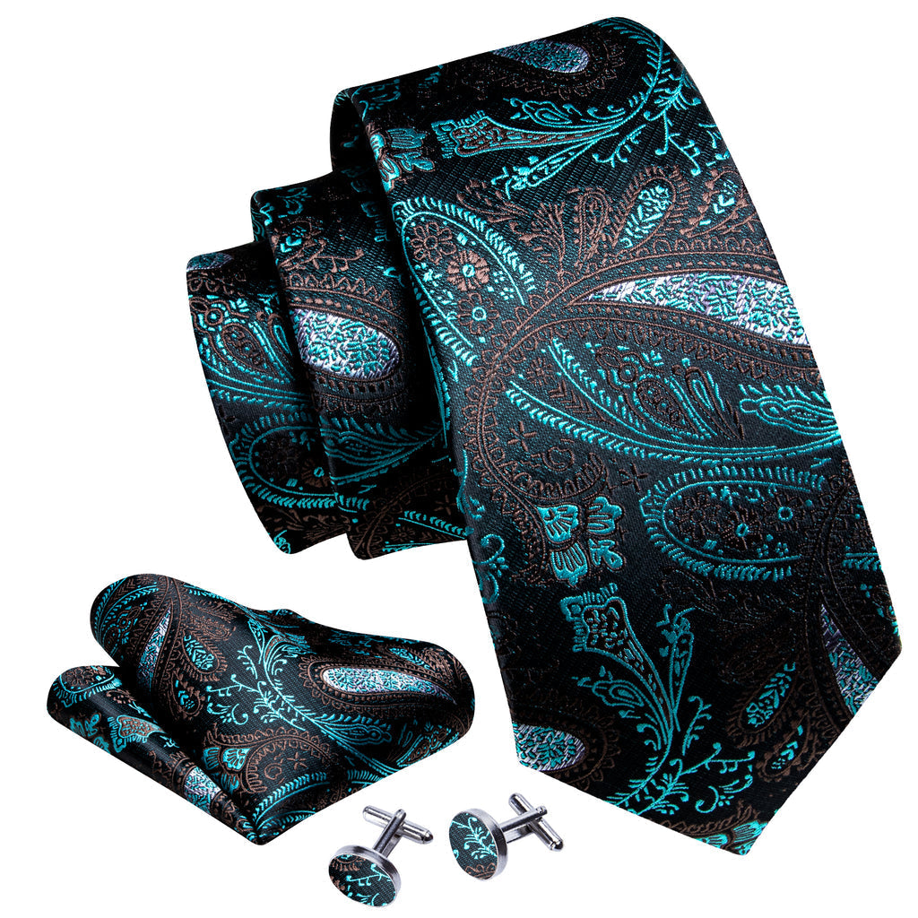 Black Blue Paisley Silk Tie, Pocket Square and Cufflinks Set tie sets    - Sophisticated Gentlemen