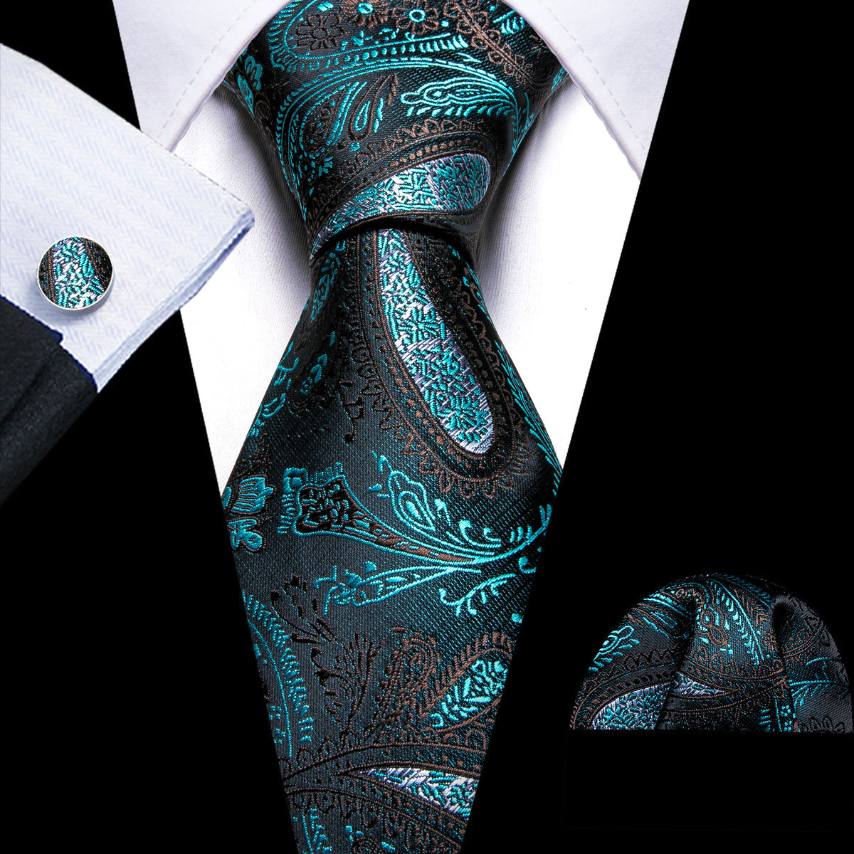 Black Blue Paisley Silk Tie, Pocket Square and Cufflinks Set tie sets    - Sophisticated Gentlemen