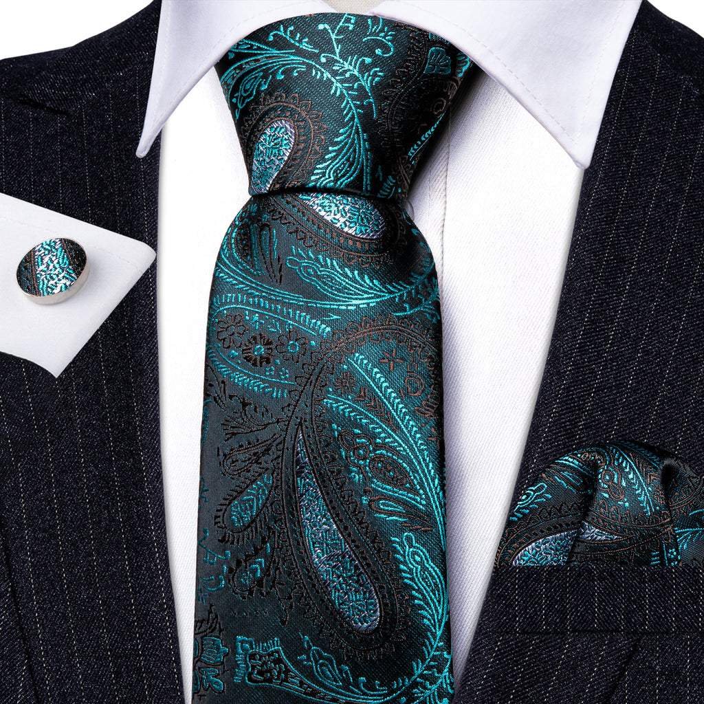 Black Blue Paisley Silk Tie, Pocket Square and Cufflinks Set tie sets    - Sophisticated Gentlemen