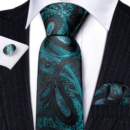 Black Blue Paisley Silk Tie, Pocket Square and Cufflinks Set tie sets    - Sophisticated Gentlemen