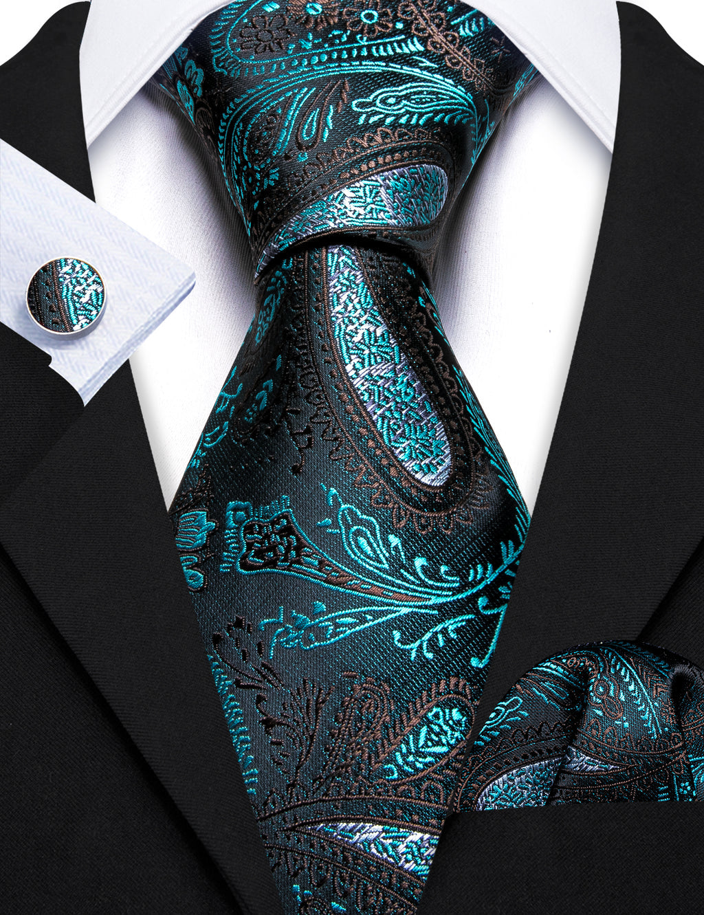Black Blue Paisley Silk Tie, Pocket Square and Cufflinks Set tie sets    - Sophisticated Gentlemen