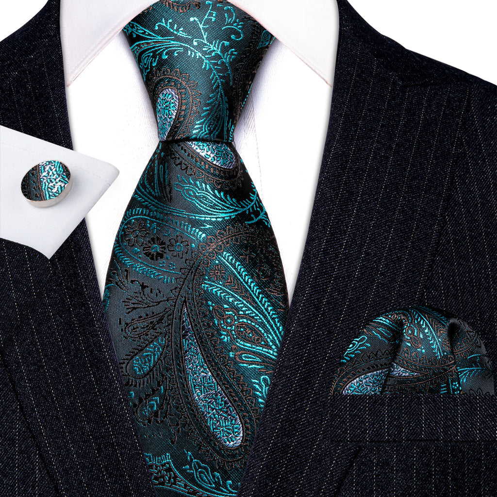 Black Blue Paisley Silk Tie, Pocket Square and Cufflinks Set tie sets    - Sophisticated Gentlemen