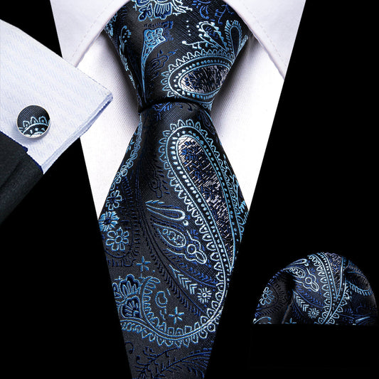 Shining Black Blue Paisley Tie, Pocket Square and Cufflinks Set tie sets    - Sophisticated Gentlemen