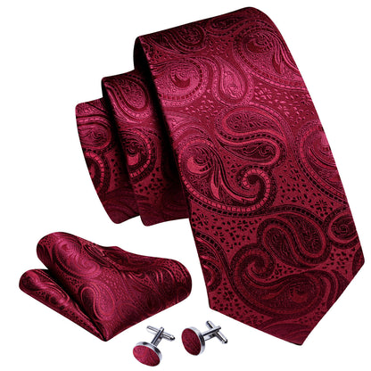 Burgundy Shining Paisley Silk Tie, Pocket Square and Cufflinks Set tie sets    - Sophisticated Gentlemen