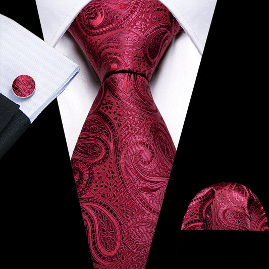 Burgundy Shining Paisley Silk Tie, Pocket Square and Cufflinks Set tie sets    - Sophisticated Gentlemen
