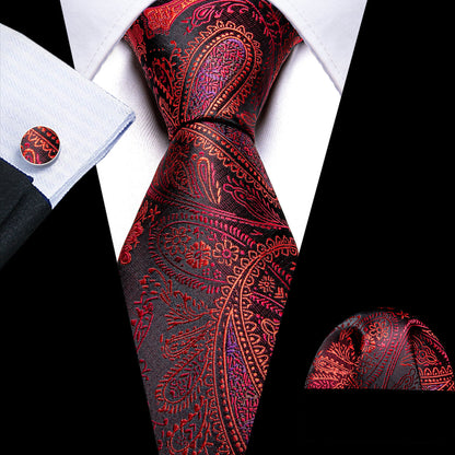 Red Black Paisley Silk Tie, Pocket Square and Cufflinks Set tie sets    - Sophisticated Gentlemen