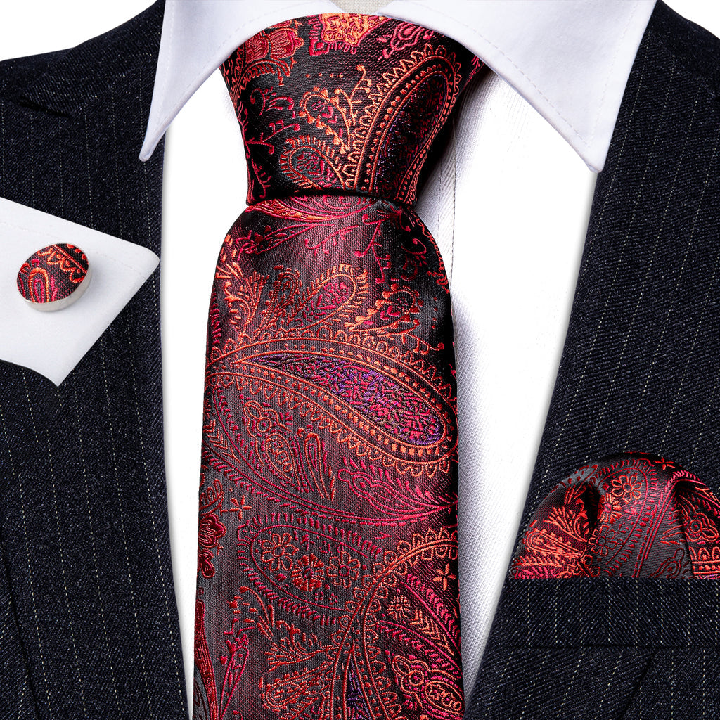 Red Black Paisley Silk Tie, Pocket Square and Cufflinks Set tie sets    - Sophisticated Gentlemen