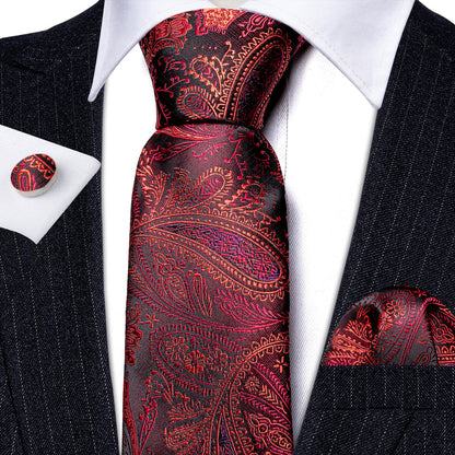 Red Black Paisley Silk Tie, Pocket Square and Cufflinks Set tie sets    - Sophisticated Gentlemen