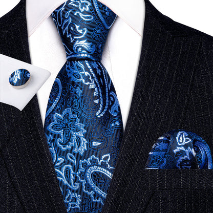 Blue White Beautiful Paisley Tie, Pocket Square and Cufflinks Set tie sets    - Sophisticated Gentlemen