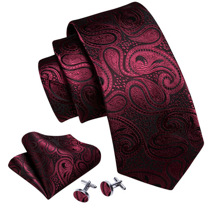 Red Black Paisley Formal Silk Tie, Pocket Square and Cufflinks Set tie sets    - Sophisticated Gentlemen