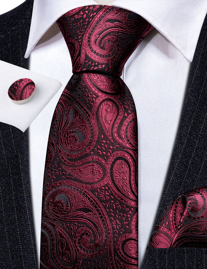 Red Black Paisley Formal Silk Tie, Pocket Square and Cufflinks Set tie sets    - Sophisticated Gentlemen