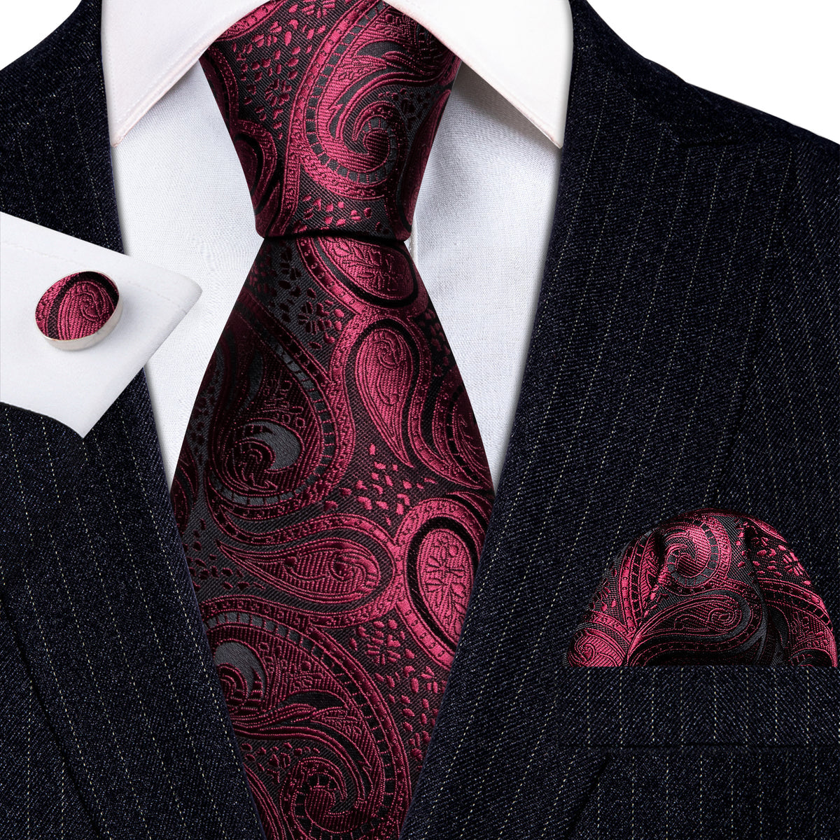 Red Black Paisley Formal Silk Tie, Pocket Square and Cufflinks Set tie sets    - Sophisticated Gentlemen