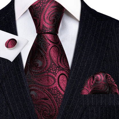 Red Black Paisley Formal Silk Tie, Pocket Square and Cufflinks Set tie sets    - Sophisticated Gentlemen