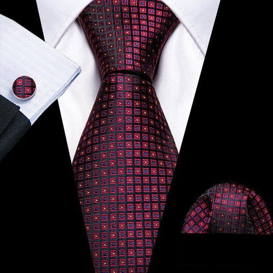 Burgundy Red Black Plaid Silk Tie, Pocket Square and Cufflinks Set tie sets    - Sophisticated Gentlemen