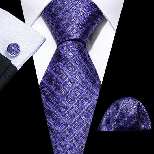 Purple Novelty Plaid Silk Tie, Pocket Square and Cufflinks Set tie sets    - Sophisticated Gentlemen