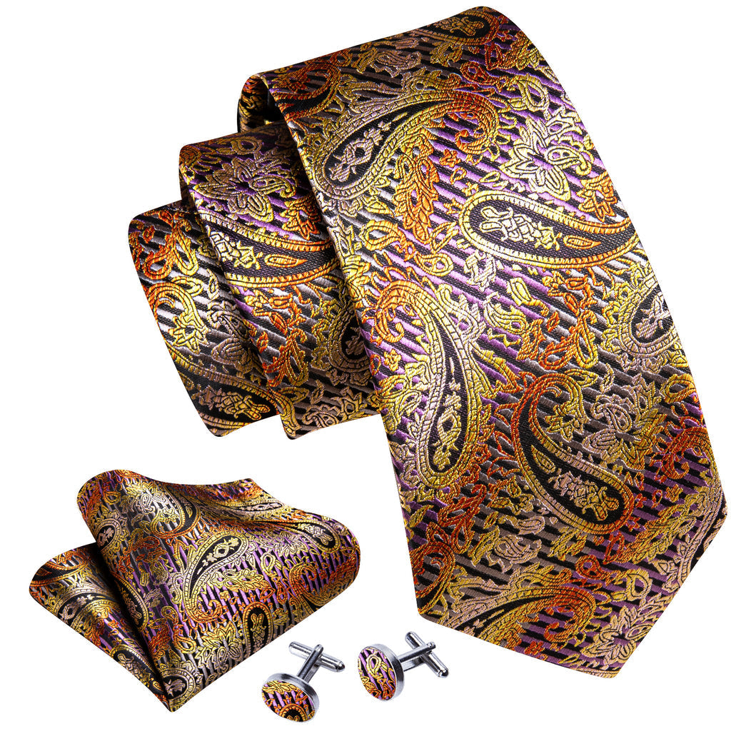 Purple Gold Orange Paisley Tie, Pocket Square and Cufflinks Set tie sets    - Sophisticated Gentlemen