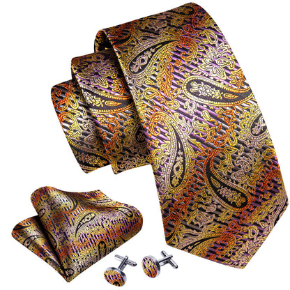 Purple Gold Orange Paisley Tie, Pocket Square and Cufflinks Set tie sets    - Sophisticated Gentlemen