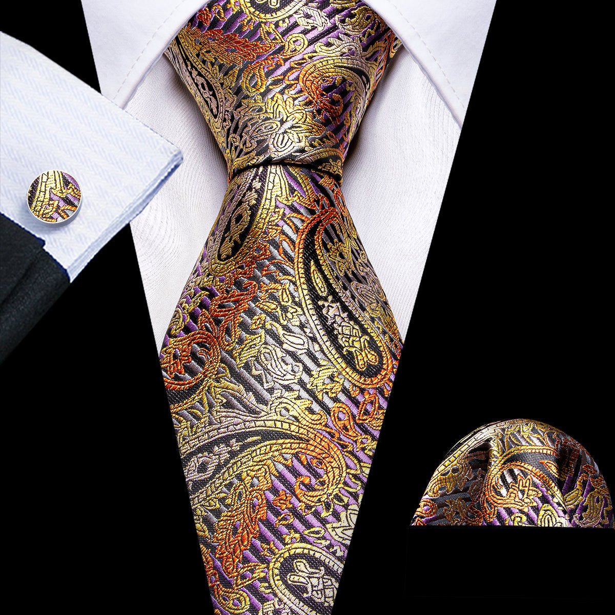 Purple Gold Orange Paisley Tie, Pocket Square and Cufflinks Set tie sets    - Sophisticated Gentlemen