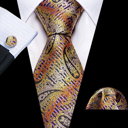 Purple Gold Orange Paisley Tie, Pocket Square and Cufflinks Set tie sets    - Sophisticated Gentlemen