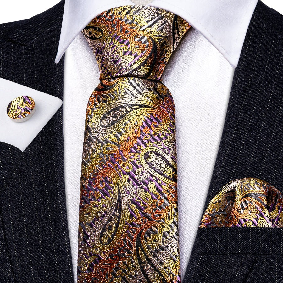 Purple Gold Orange Paisley Tie, Pocket Square and Cufflinks Set tie sets    - Sophisticated Gentlemen