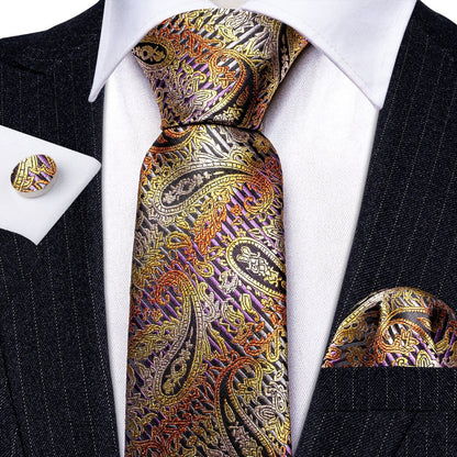 Purple Gold Orange Paisley Tie, Pocket Square and Cufflinks Set tie sets    - Sophisticated Gentlemen
