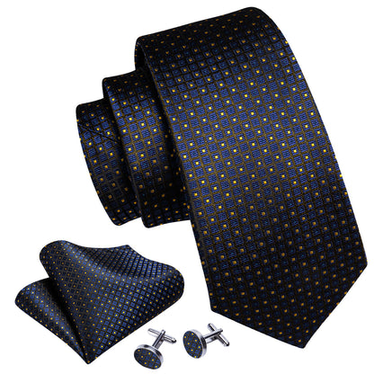 Dark Blue Yellow Plaid Paisley Silk Tie, Pocket Square and Cufflinks Set tie sets    - Sophisticated Gentlemen