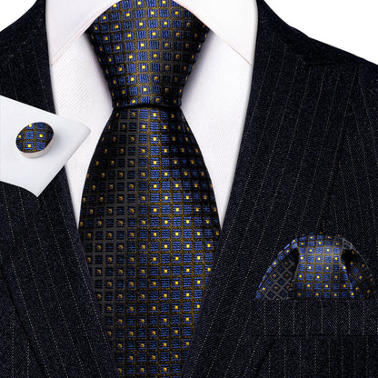 Dark Blue Yellow Plaid Paisley Silk Tie, Pocket Square and Cufflinks Set tie sets    - Sophisticated Gentlemen