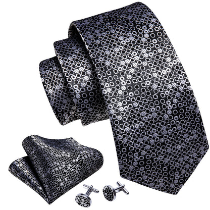Black White Round Floral Silk Tie, Pocket Square and Cufflinks Set tie sets    - Sophisticated Gentlemen
