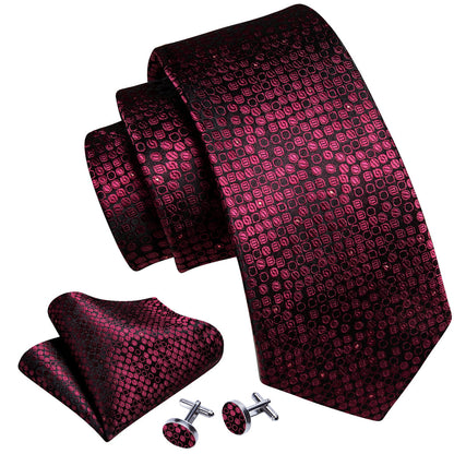 Red Black Round Floral Silk Tie, Pocket Square and Cufflinks Set tie sets    - Sophisticated Gentlemen
