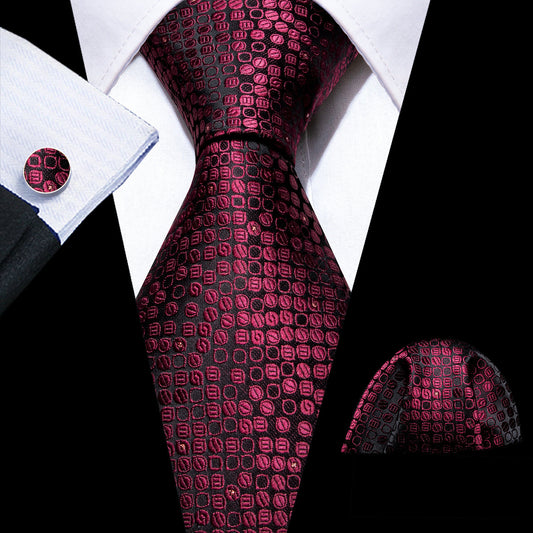 Red Black Round Floral Silk Tie, Pocket Square and Cufflinks Set tie sets    - Sophisticated Gentlemen