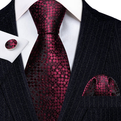 Red Black Round Floral Silk Tie, Pocket Square and Cufflinks Set tie sets    - Sophisticated Gentlemen