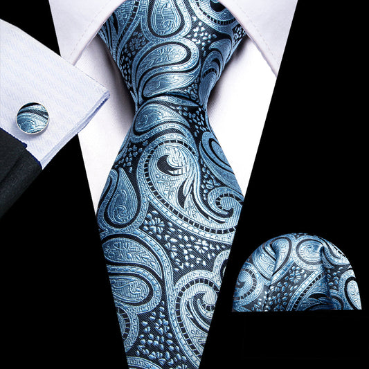 Light Blue Paisley Silk Tie, Pocket Square and Cufflinks Set tie sets    - Sophisticated Gentlemen